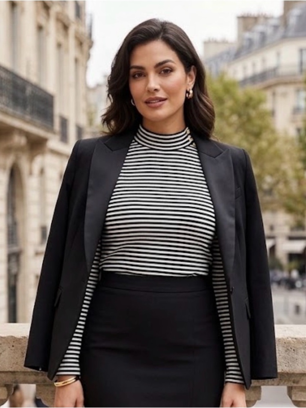 Lane Bryant Black & White Striped Mock Neck Long Sleeve Top with Gold Buttons